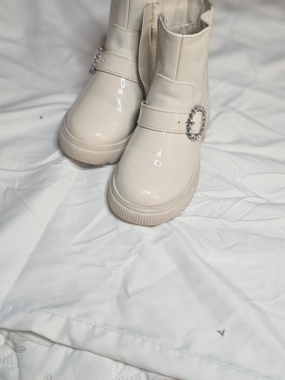 Primark Cream Patent Toddler Ankle Boots with Rhinestone Buckle
